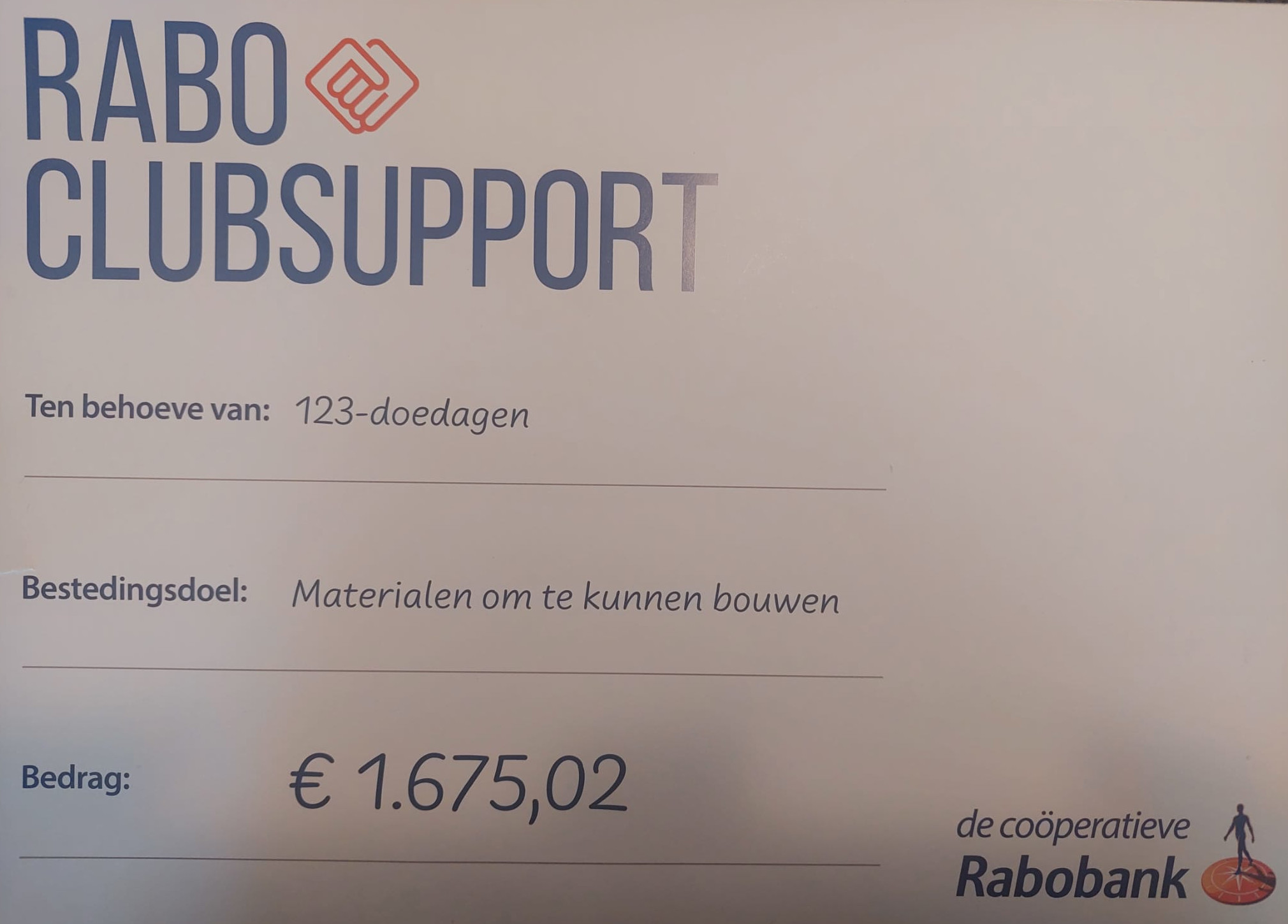Mooi bedrag ontvangen via Rabo Clubsupport